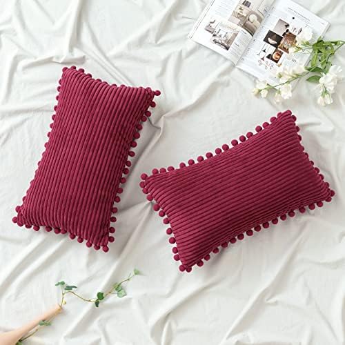 EMEMA Cushion Covers Corduroy Square Throw Pillow Covers Striped Soft Sham Home for Sofa Couch Bedroom Decorative Pillowcases 16x16 Inch 40x40cm Set of 2 Red