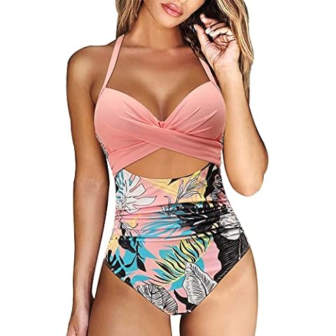 LOPILY Women Sexy Classy One Piece Swimsuit Tummy Control Ruched Swimwear Retro Vintage Bikini Halterneck Swimming Costume for Women Push Up Cup Bra and Stylish Novelty Print Bathing Suits Pink Cover