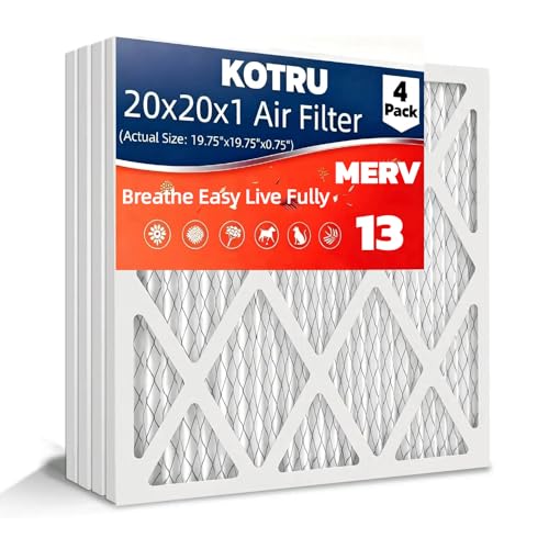 Kotru 20x20x1 Air Filter MERV 13，MPR 1900 (4-Pack) Electrostatic Pleated HVAC AC Furnace Filters, Effectively Filters Dust, Pollen, Pet Dander (Actual Size: 19.5x19.5x0.75 inches)