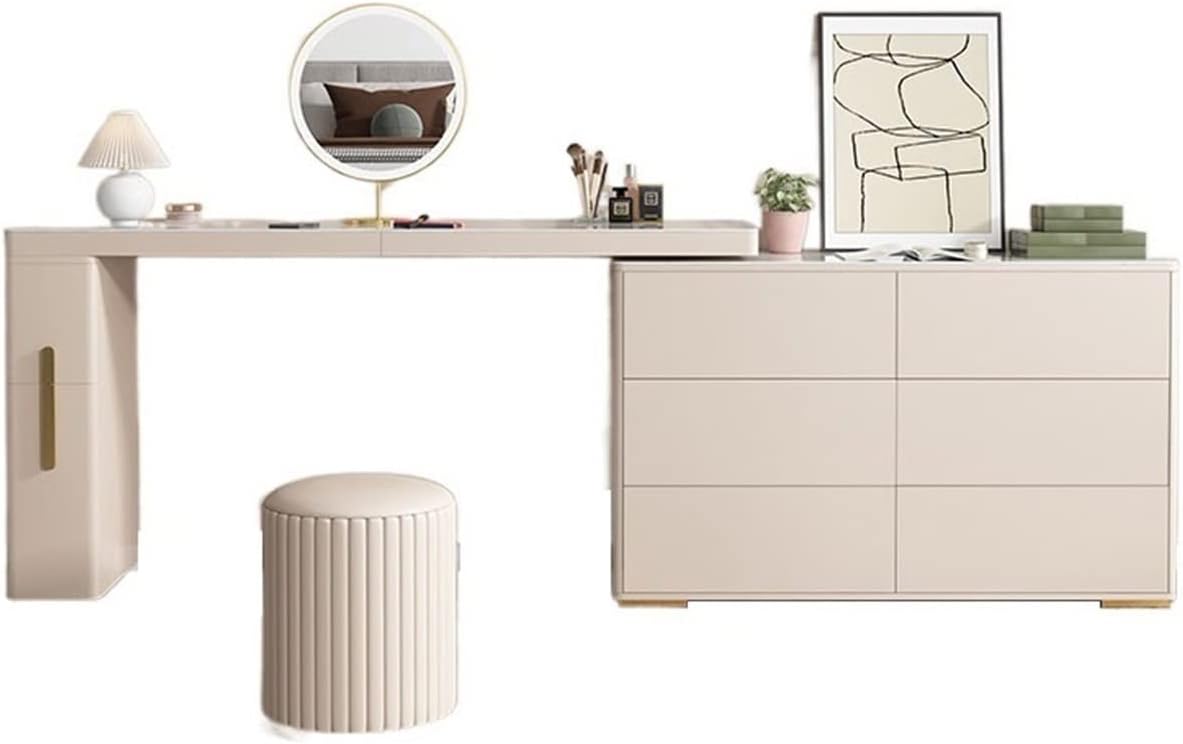Vanity Dressing Table Set Luxury Makeup Bench with 3 Colors Led Hd Mirror,Comfortable Stool Drawers Cabinet,Modern Simple Style,for Girl's Gift (Size : 160CM Side Cabinet) ()