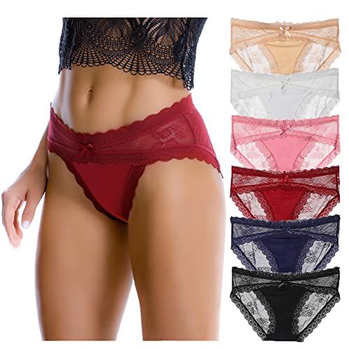 HOKEMP Sexy Braguitas Culotte para Mujer Ropa Interior de Encaje Pack de 6 (6er Pack-Nueva, L)