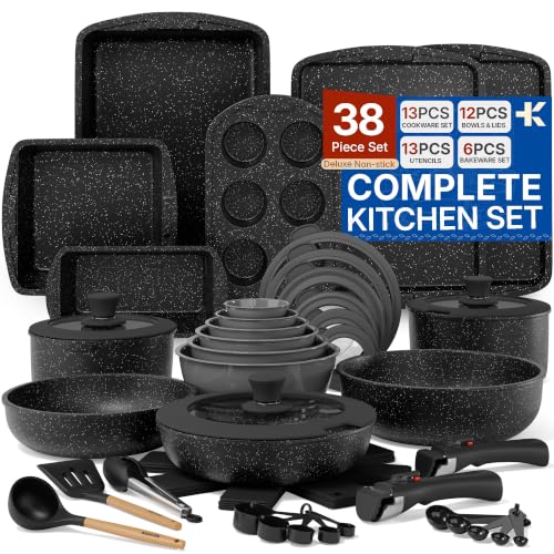 Bakken Master 38 Piece Granite Cookware & Bakeware Set – Nonstick Granite Coating, Pots and Pans with Detachable Handle and Tempered Glass Lids, 6-piece Bakeware set, 12-piece Mixing Bowls,Gray Marble