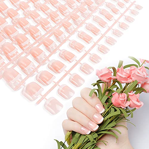 LIARTY 120 Pcs Natrual French False Nails with Glue Stickers, Full Cover Short Fake Nail Tips Acrylic Press On Nails for Girls Women (French nail)