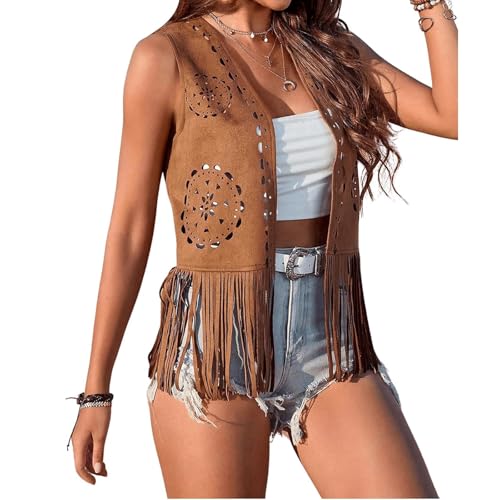 Women Western Tassels Vest Tops 70s Hippie Faux Suede Fringe Vests Jacket Cardigan Open Front Rodeo Cowgirl Shirt2