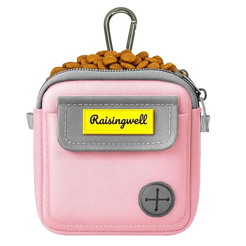 Raisingwell Dog Treat Pouch for Pet Walking and Training with Clicker Poop Bags and Three Bags Design Small Fanny Zipper Pack Holder for Puppy Snack Dispenser Kit for Leash and Outdoor Use (Pink)
