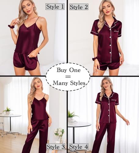SWOMOG Womens Silk Satin Pajamas Sets 7pcs Sleepwear Sexy Cami Shorts Set and Button Down Short Sleeve Satin Pjs2