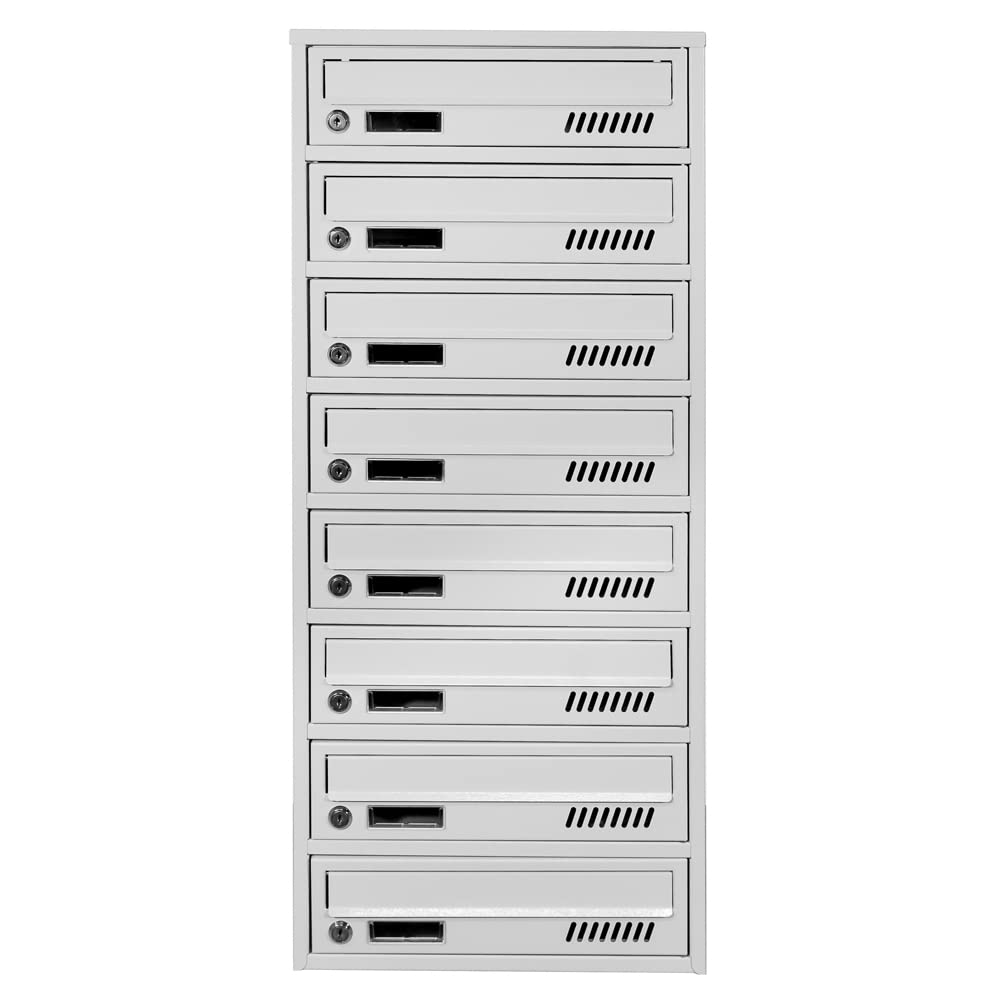 Buzones con fijación a Pared GLM 8 plazas RAL 7035 Gris 25cm Profundidad A4 | Módulo de buzones, uso en interiores, adecuado para documentos A4, acero galvanizado, 2 llaves incluidas