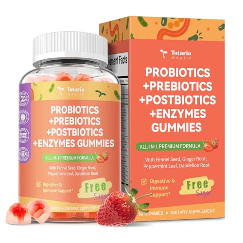 Totaria Sugar Free 5-in-1 Probiotic Prebiotic Postbiotic Gummy 36 Strains Probiotics for Women Men with Fiber Digestive Enzymes Peppermint Complete Immune Gut & Digestive Support Vegan 60 Ct