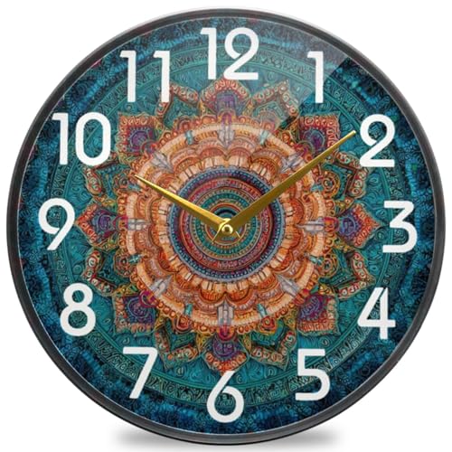 Naanle Vintage Mandala Pattren Round Wall Clock, 9.5 Inch Silent Battery Operated Quartz Analog Quiet Desk Clock for Home,Office,School
