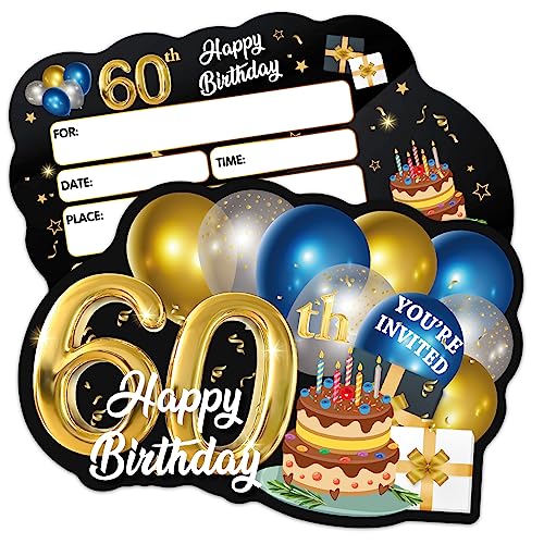 ERHACHAIJIA Einladungskarten zum 60. Geburtstag, Motiv: blaue und goldene Luftballons und Kuchen, mit Umschlägen, lustige Einladungen zum 60. Geburtstag, für Männer, Ehemann, Vater, weiter, 20 Stück