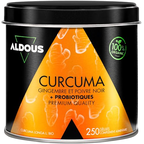 250 Gélules PROBIOTIQUES + Curcuma BIO au Gingembre et Poivre Noir - 1460mg - Curcuma à base de Curcumine et Pipérine - Anti-inflammatoire Naturel - Formule Avancée - Certifié Bio - ALDOUS