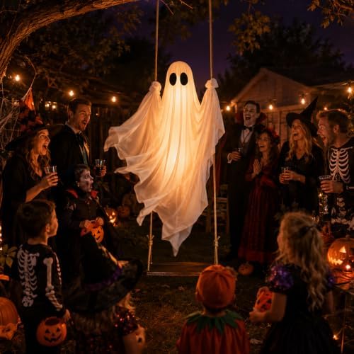 Halloween Decorations Outdoor – Hanging Swing Ghost 4-8FT, Remote Light Up - 4