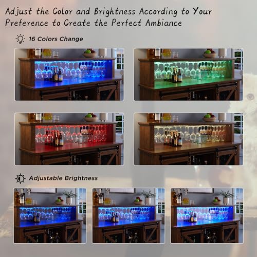 Okd Farmhouse Coffee Bar Cabinet With Led Lights, 55 Inch Wine Bar Cabinet W/Sliding Barn Door & Wine And Glass Rack, Kitchen Buffet Cabinet W/Storage Shelves For Dining Room,Reclaimed Barnwood thumb #3