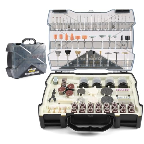 Enventor Kit de 361 Accesorios para Herramientas Rotativas, 4 Pinzas, para Cortar, Lijado, Amolar, Pulir, Limpiar, Taladrar y Grabado, Compatible con Mayoría de Marcas, con Estuche