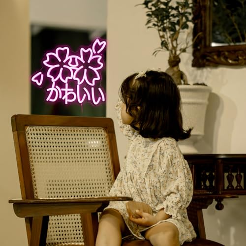Image of Kawaii かわいいLed Neon Light Sign Japanese Cherry Blossoms Light Up Wall Decor Sign Girls' Room Decoration Birthday Party Christmas Neon Sakura Light (Pink)