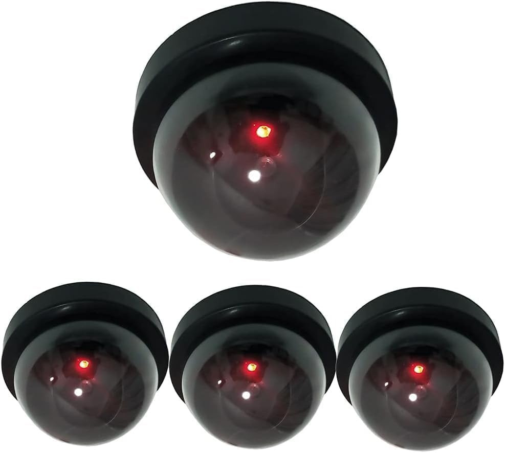 Yuarisx Cámara de seguridad falsa para exteriores e interiores con luz LED roja intermitente falsa para el hogar, negocios, vigilancia CCTV inalámbrica, paquete de 4, color negro