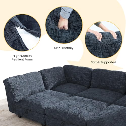 Image of 99 inch Modular Sectional Chenille Sofa bed with Hidden Storage, Comfy Modern 6 Seater Oversized Deep Seat Couch, Modular Sectional with Ottoman and Removable Cover for Living Room, Apartment, Black