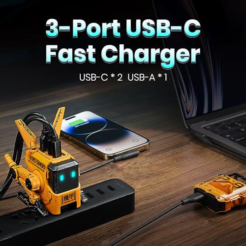 GravaStar 65W USB C Charger, Alpha65 Robot Fast GaN Charger Block, 3-Port Fast Power Adapter, Foldable Compact Wall USB C Charger for iPhone, MacBook, iPad, Galaxy S23/S24, Steam Deck (65W, Yellow)