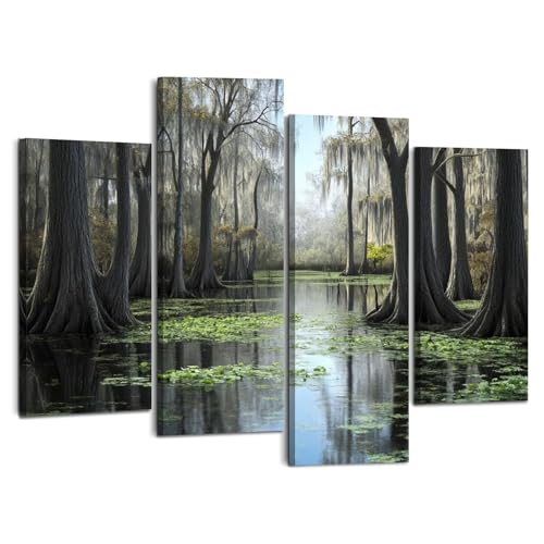 Weone Artwork 4 Panel Canvas Wall Art bayou new orleans cypress tree swamp pictures royalty Stretched & Framed Art Prints Modern Painting Wall Decoration Ready to Hang Unique Designed