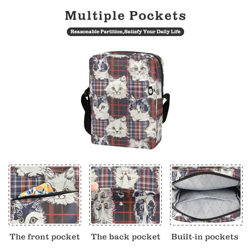 KLL White Cats Red Plaids messenger bag Vegan Leather shoulder bags Travel Woman Shoulder Handbags2