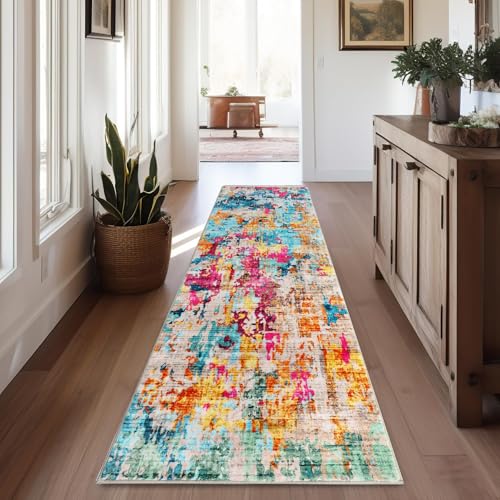 GarveeHome Modern Abstract Runner Rug 2x6, Colorful Multi Print Washable Kitchen Runner Non-Slip Soft Hallway Rug Runner Faux Wool Carpet for Entryway