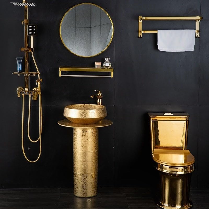 Lavabo de baño Fregadero de pedestal dorado de lujo, lavabo de columna de baño de 3 piezas, lavabo de tocador de baño de pie combinado con grifo, desagüe y espejo Lavabo de pedestal para baño(C)