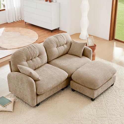 Image of KEIKI 74 inch L-Shaped Oversized Chenille Modular Sectional Loveseat Sofa with 1 Ottoman, High-Density Foam Cushions, Tufted Pleated Cushion Backrest, 2-Seater Couch with 2 Pillow, for Living Room, Camel