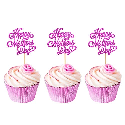 Blumomon 24Pcs Red Glitter Happy Mothers Day Cupcake Toppers Mothers Day Cake Decoration Mother Cake Toppers for Mother's Day Party Cake Decorations