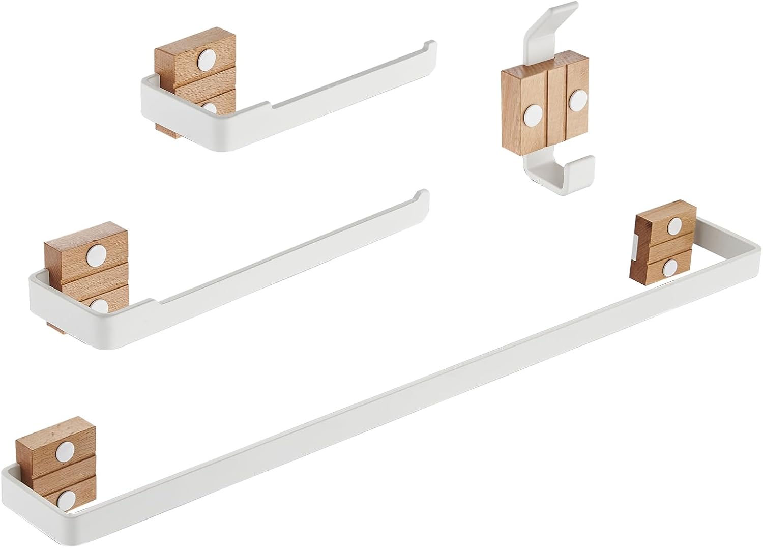 4 PCS Bathroom Hardware Set White Walnut Wood Bathroom Accessories Kit Includes 16" Hand Towel Bar Toilet Paper Holder Towel Holder Robe Towel Hook Wall Mounted