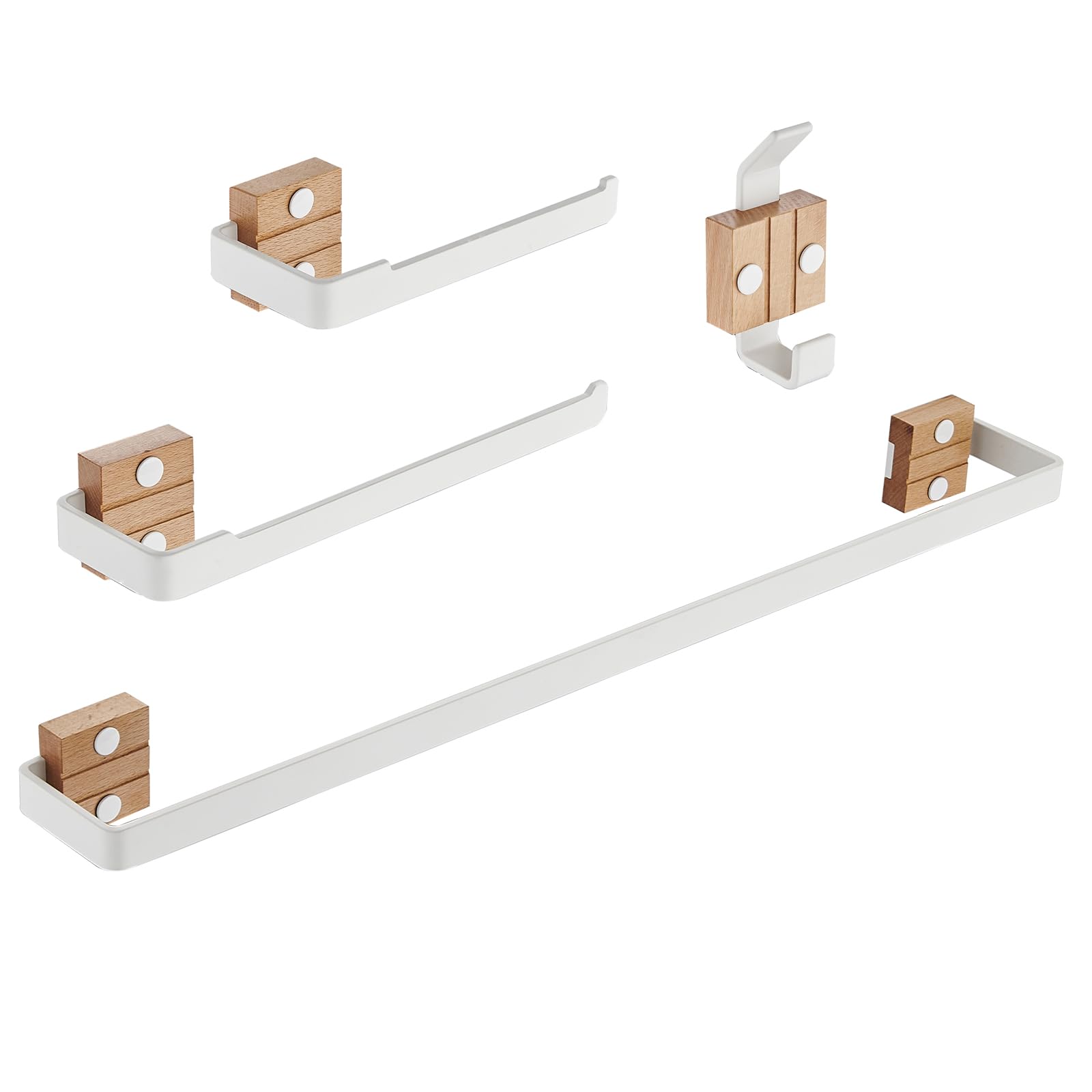 Barre de serviette blanche et ensemble de 4 accessoires de salle de bain en bois