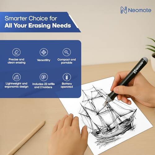 Image of Neomate Slim Battery-Operated Automatic Eraser | Includes 22 Refills and 2 Eraser Holders | Portable Electric Eraser for Precision Drawing & Sketching (Batteries Not Included)