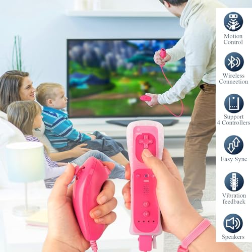 Image of Compatible with Nintendo Wii Controller, Wii Remote with Nunchuck and Nunchuck Controller with Silicone Case and Wrist Strap for Wii and Wii U, Included 2 AA Batteries (Pink)