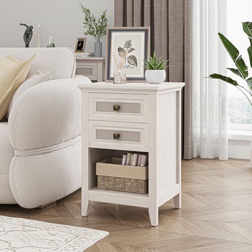 RoyalCraft Rattan Nightstand, Boho Bedside Table with 2 Rattan Decor Drawers, Accent End Table with Open Storage Shelf, Wood Bedside Unit for Bedroom, Home Office, Grayish White - Image 7