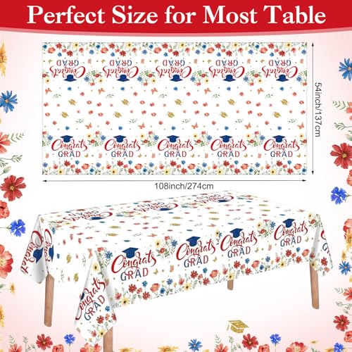 Image of Ganeen 3 Pcs Graduation Tablecloth Floral Class of 2026 Congrats Grad Table Cloth Red Blue Disposable Plastic Rectangle Table Cover for 2026 Graduation Decoration Grad Party Supplies, 54 x 108 Inch
