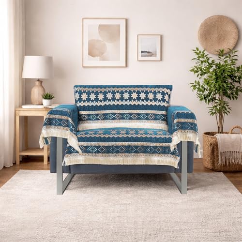 Image of Elegant Woven Turquoise Sofa Cover Soft Chenille Traditional Pattern with Lace Style | L-Shape Sectional Seat Protector for Living Room | Durable & Stylish Slipcover 1 Seater with Arms