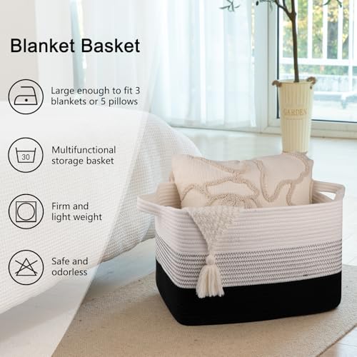 Image of OIAHOMY Blanket Basket, Rectangle Woven Baskets, Nursery Blanket Storage Living Room, Toy Storage With Handle, Large Baskets for Organizing-17.7 inchx13.8 inchx11 inch-Gradient Black