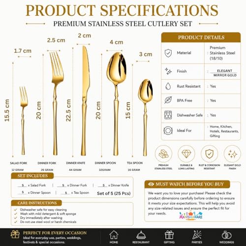 Image of Elegant Handle Gold 25 Pcs Heavy Duty Stainless Steel Cutlery Set for Dining Table (5 pcs Spoon Set+5 pcs Forks Set+5 pcs Butter Knife+5 pcs Dessert Spoon+5 Pcs Fuit Fork for Kitchen)