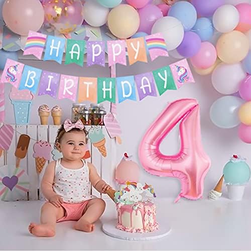 4th Birthday Decorations Girls, Unicorn Birthday Decoration Set Pastel, Large Number 4 Foil Balloon, 3pcs Huge Unicorn Helium Balloons, 4 Year Unicorn Party Supplies for Baby Girls Birthday Party