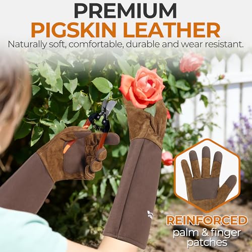 Image of HANDLANDY Rose Pruning Gloves for Men Women, Thorn Proof Gardening Gloves | Long Leather Gardening Gloves, Breathable Leather Gauntlet, Best Garden Gifts & Tools for Gardener (Brown, L)
