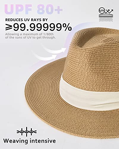 Womens Mens Wide Brim Straw Panama Hat Fedora Summer Beach Sun Hat Upf Straw Hat For Women Khaki-Beige #TOP1