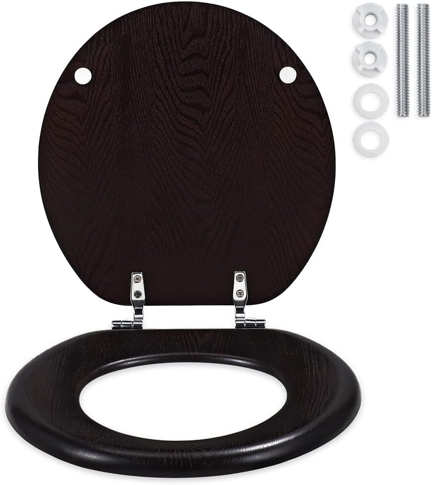 Buy Black Brown Wood Round Toilet Seat with Metal Hinge, Dark Wooden