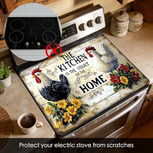 Image of Nuxovilar Rooster Kitchen Stove Top Cover, 20.47x28.34 Inches Polyester | Cooktop mat kitchen decor glass cooktop cover gas cooktop protector for kitchen, apartment countertop (Rooster quote print)