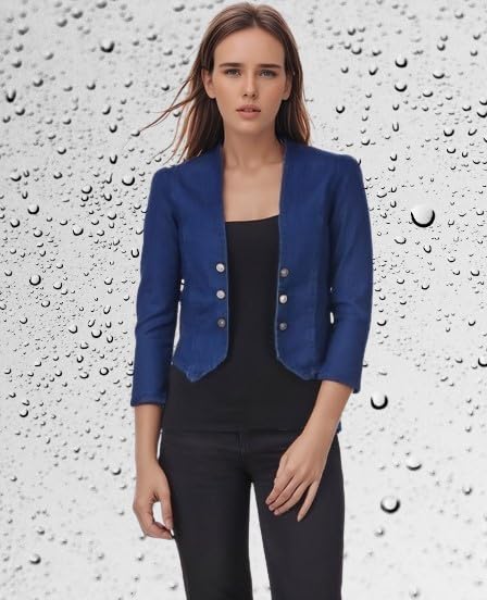 Image of Women's Blue Cropped Blazer, 3 /4 Sleeve, Button Front, Formal Jacket