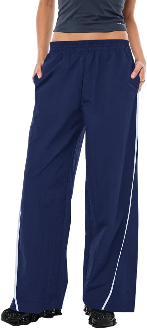 Women's Wide Leg Track Pants Casual Contrast Color Elastic Waist Workout Y2K Baggy Parachute Sweatpants