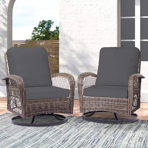 JEAREY Outdoor Swivel Rocker Patio Chairs - Patio Wicker Chairs Set of 2 Rattan Rocking Chair, Patio Furniture Sets with Covered Cushion for Porch, Deck, Balcony, Garden, Grey
