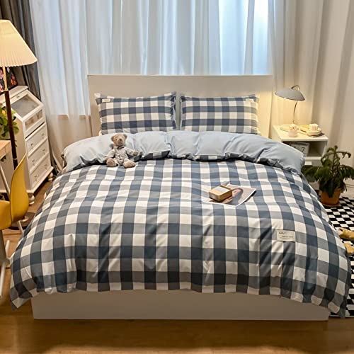 LDFHOIN Juego de ropa de cama de algodón a cuadros, 4 piezas, 180 x 220 cm, diseño de cuadros azules y blancos, transpirable, 1 funda nórdica de 180 x 220 cm, 2 fundas de almohada de 48 x 74 cm y 1