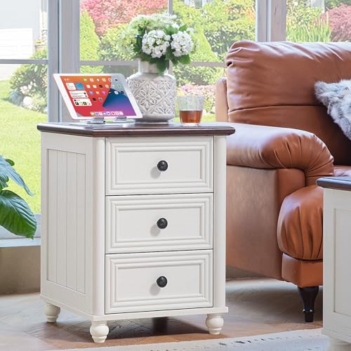 RWYHG 18" Farmhouse Nightstand with Charging Station and USB Port, White Night Stand with 3 Drawers, Wood Bedside End Table with Storage, Bed Side Tables for Bedroom Living Room and Closet