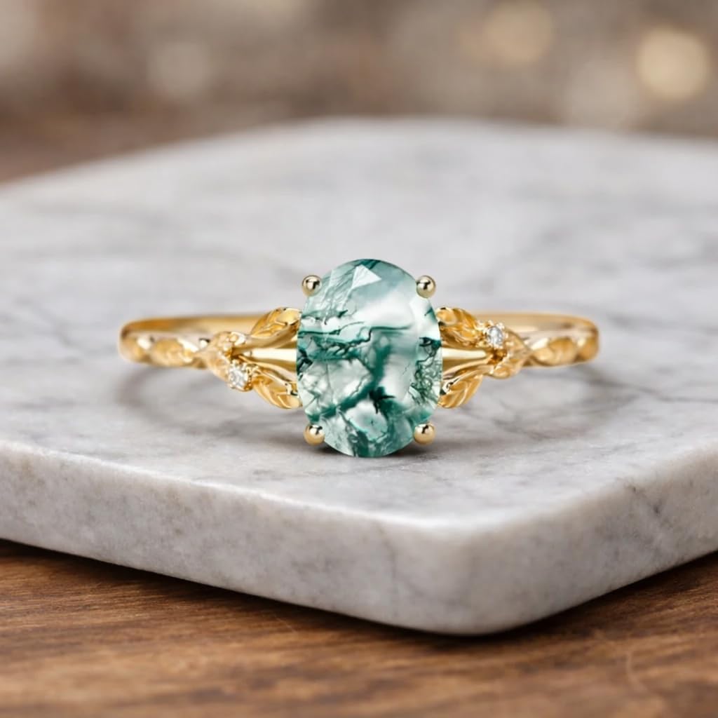 Oval Green Moss Agate Engagement Ring 14K Yellow Gold Nature Inspired Leaf Design with Diamond Accents Unique Bridal Promise Jewelry Gift for Her