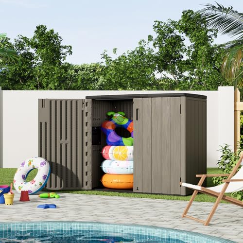 Image of KINYING Outdoor Horizontal Storage Sheds,Outdoor Storage Cabinet Waterproof Resin Tool Storage Box for Lawn Mower,Garden Tools and Patio Furniture, Lockable (Brown)