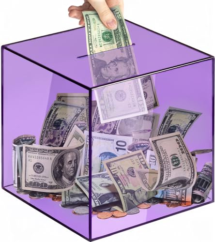 Piggy Bank for Adults Must Break to Open, Vcertcpl Acrylic Clear Piggy Bank Money Saving Box for Cash Saving, Unopenable Adults Bank for Real Money Bank Coin Bank Change Jar (Purple, 15x15CM)